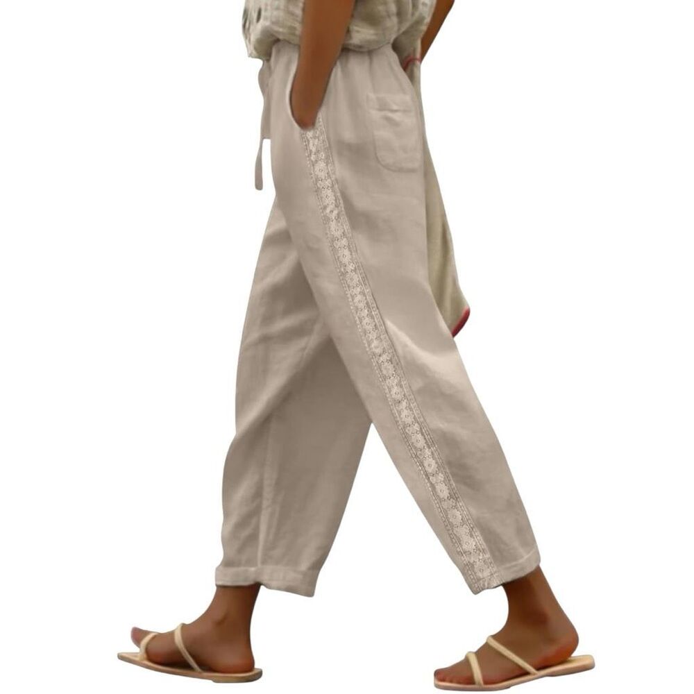 Linen and Cotton Joggers Tan with Lace detail on sides Size Medium